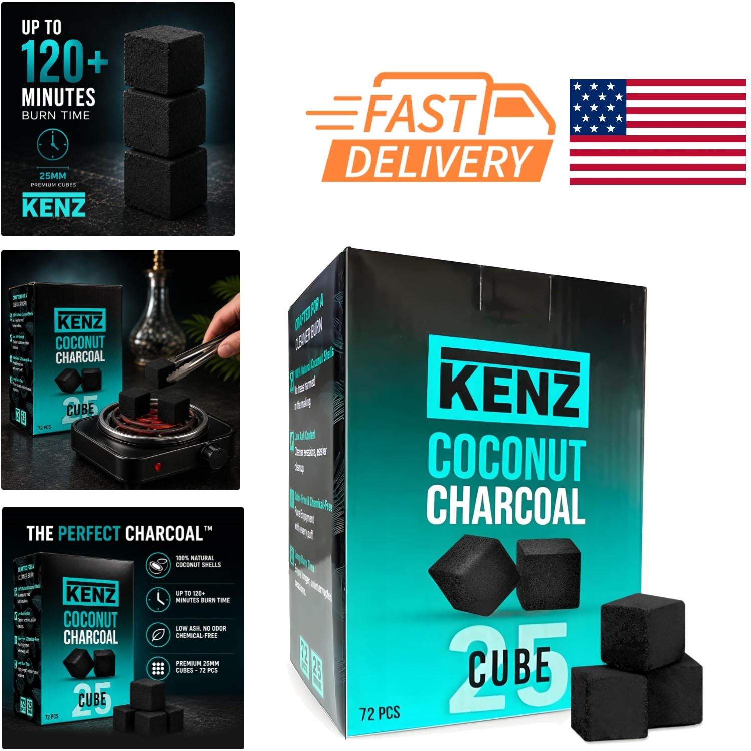 Natural Coconut Charcoal 25 mm Cubes 72 Count Low Ash Quality for Long Sessions