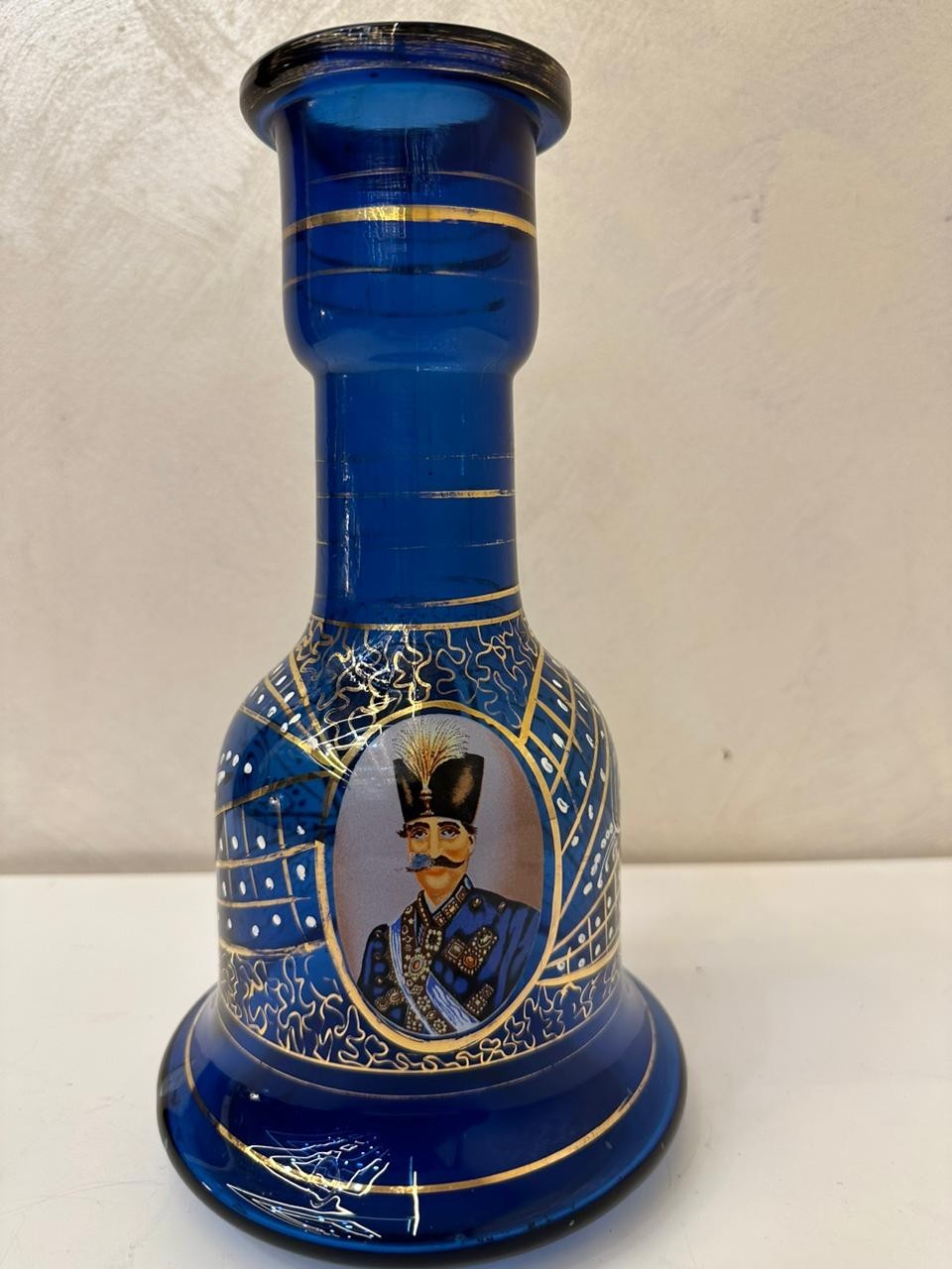 Vintage Persian Cobalt Blue Glass Hookah Base – Hand-Painted with Royal Portrait