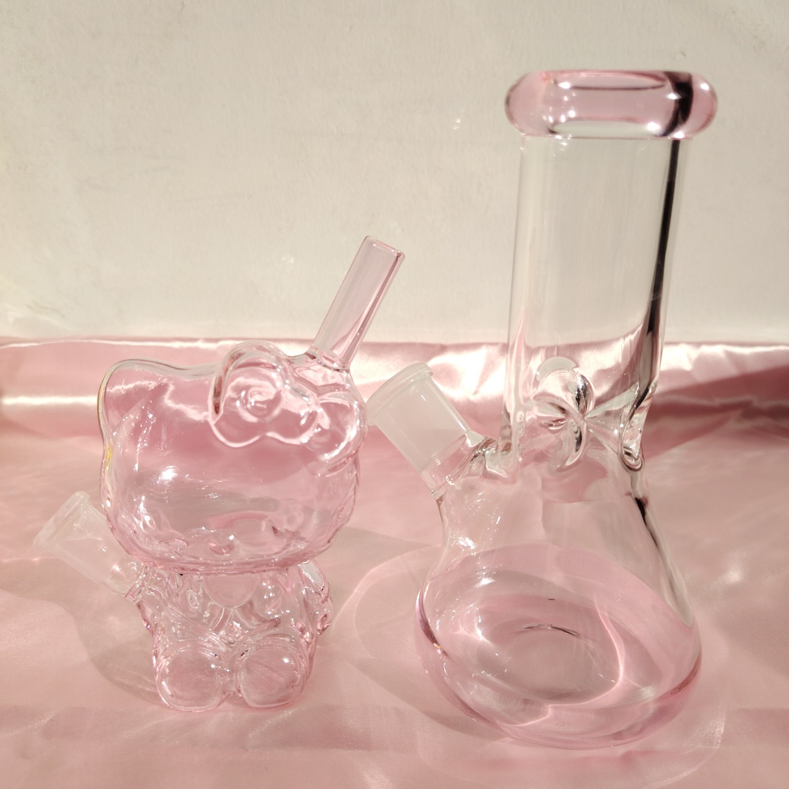 Pink Glass Bong for BFF Matching Hookah Set Cute Kitty Smoking Water Pipe Beaker