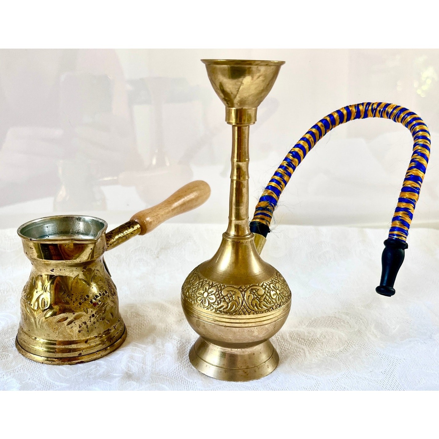 Vintage Brass Hookah Turkish Coffee Pot Handmade Engraved Middle Eastern Decor