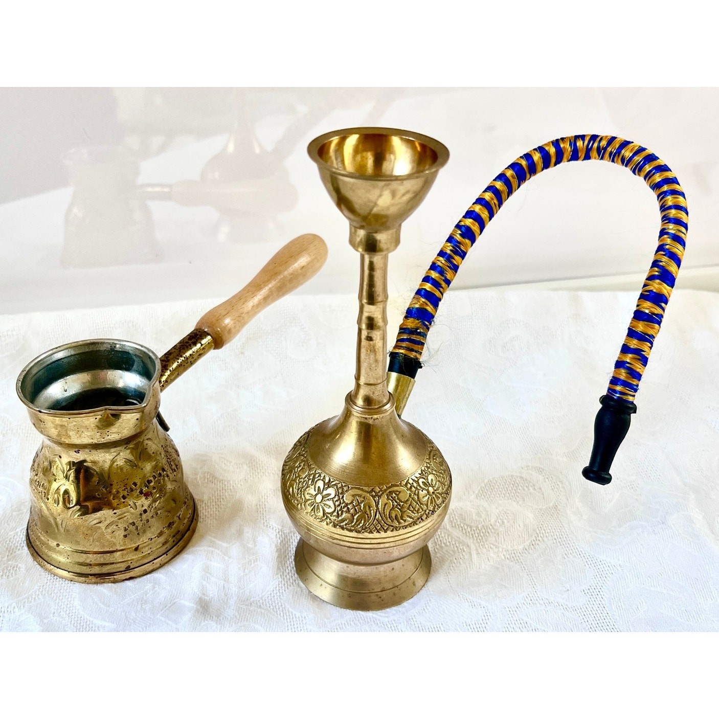 Vintage Brass Hookah Turkish Coffee Pot Handmade Engraved Middle Eastern Decor