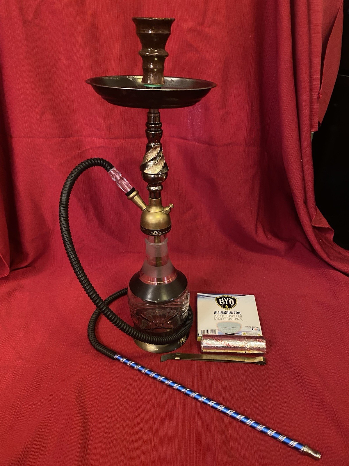 22” Hookah Brass & Glass w/hose and Ceramic Bowl, 1 charcoal pack, and foil