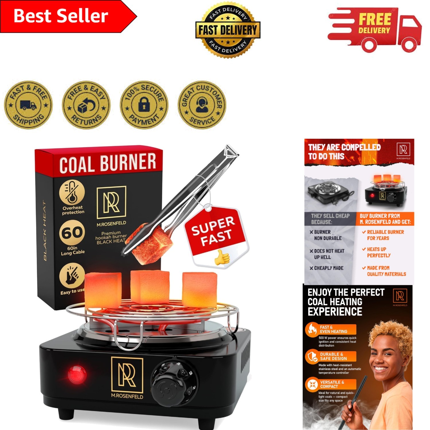 Durable 500W Hookah Coal Burner – Efficient Charcoal Starter with Tongs & Grid