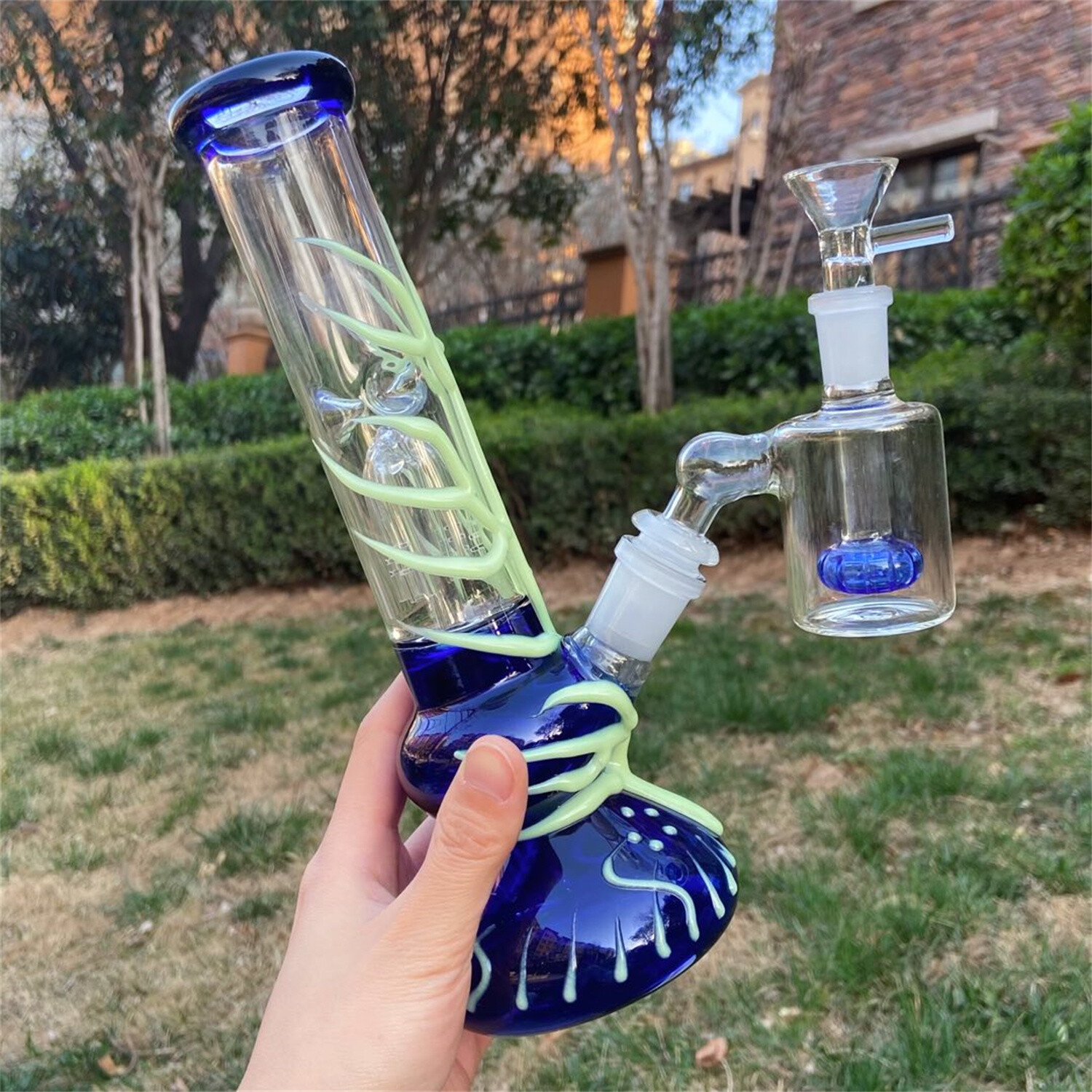 Blue 10&Prime; Glass Bong Glow In The Dark Water Pipe Bubbler Hookah W/Ash Catcher