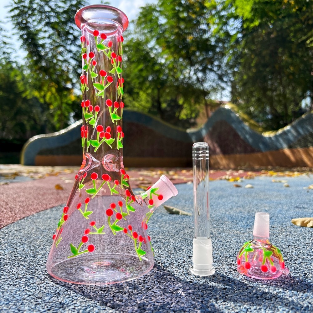 10 » Hand-Painted Glowing Cherry Glass Bong Beaker Bubbler Hookah Water Pipe