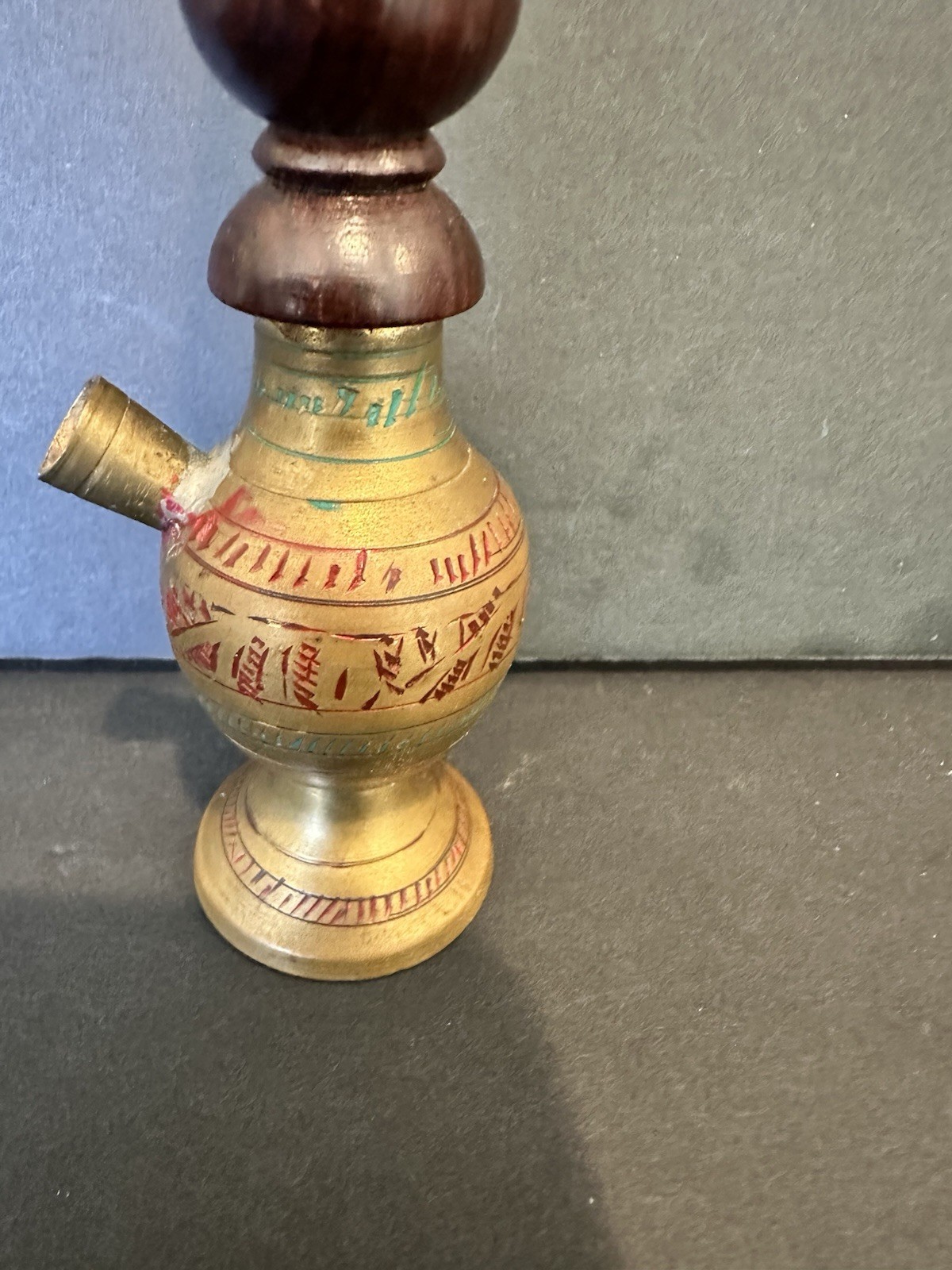 Brass And Wood Hookah Pipe Vintage 7.5”