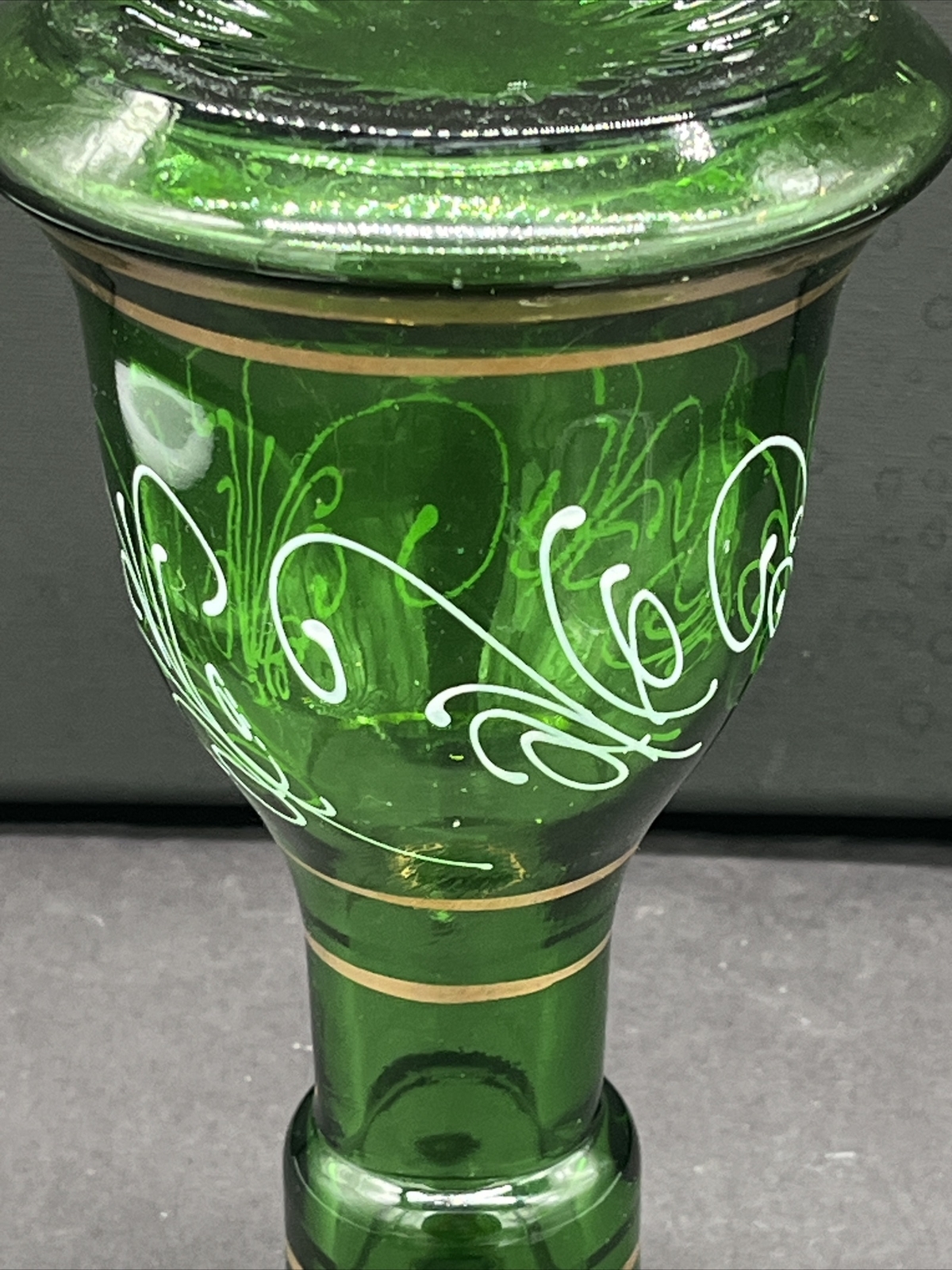 Hookah Bell Base Green Glass Gold White Accents VTG Bohemian or Turkish