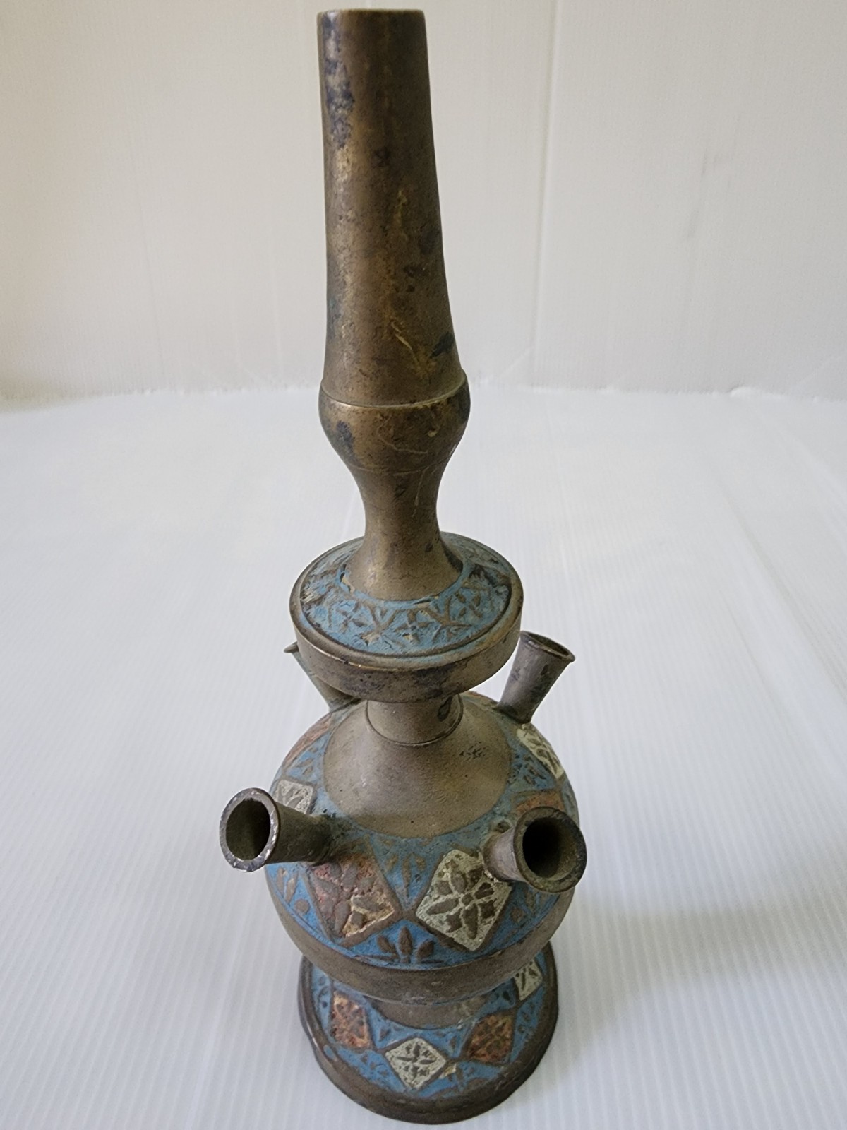 Vintage India Brass Hookah Enamel Geometric Floral 4-Spout Tulipiere Boho Decor
