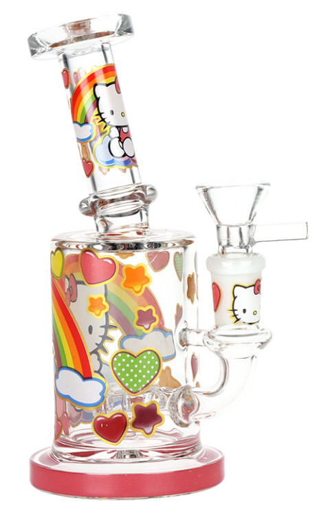 Hello Kitty Glass Water Pipe w/ 14mm Bowl 6.25&Prime; Bubbler Hookah Rainbows & Hearts