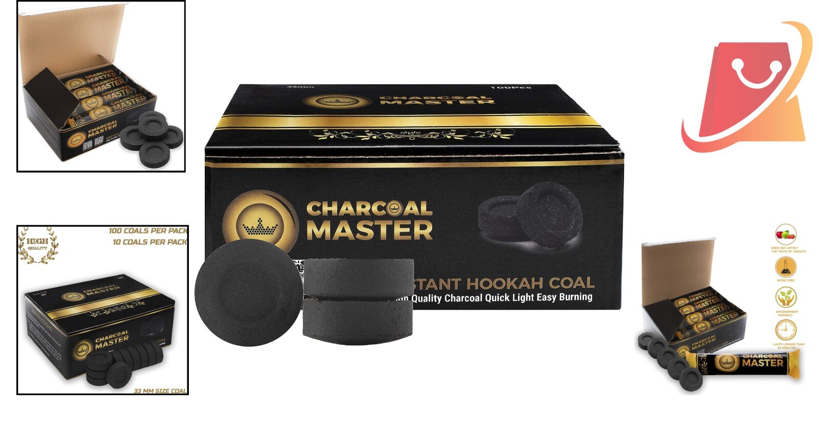 Hookah Charcoal Briquettes 33mm Instant Light 45 Min Burn Low Smoke 100 Pack