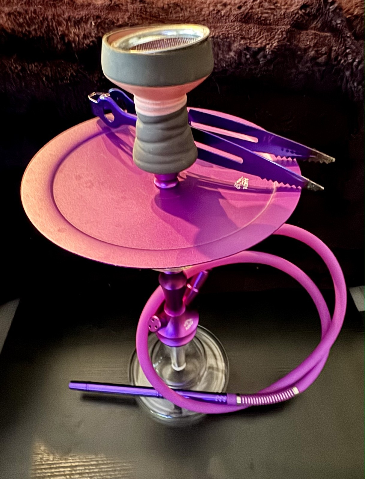 Glass And Purple Hookah With Glass Molasses Catcher And Silicone Hose