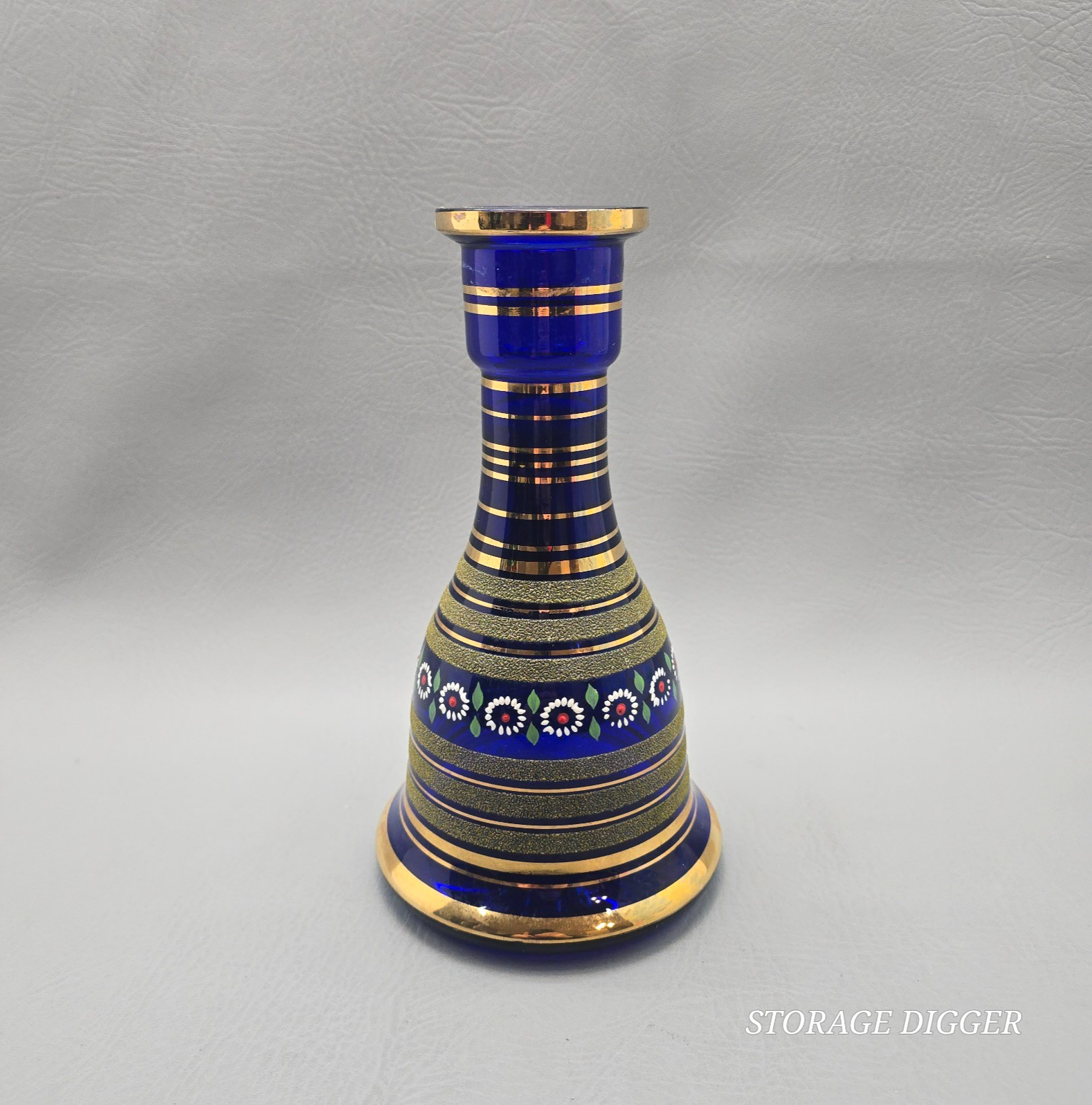 VTG Antique Persian Cobalt Blue Bell Shaped Hand Painted Hookah Base Gold Trim