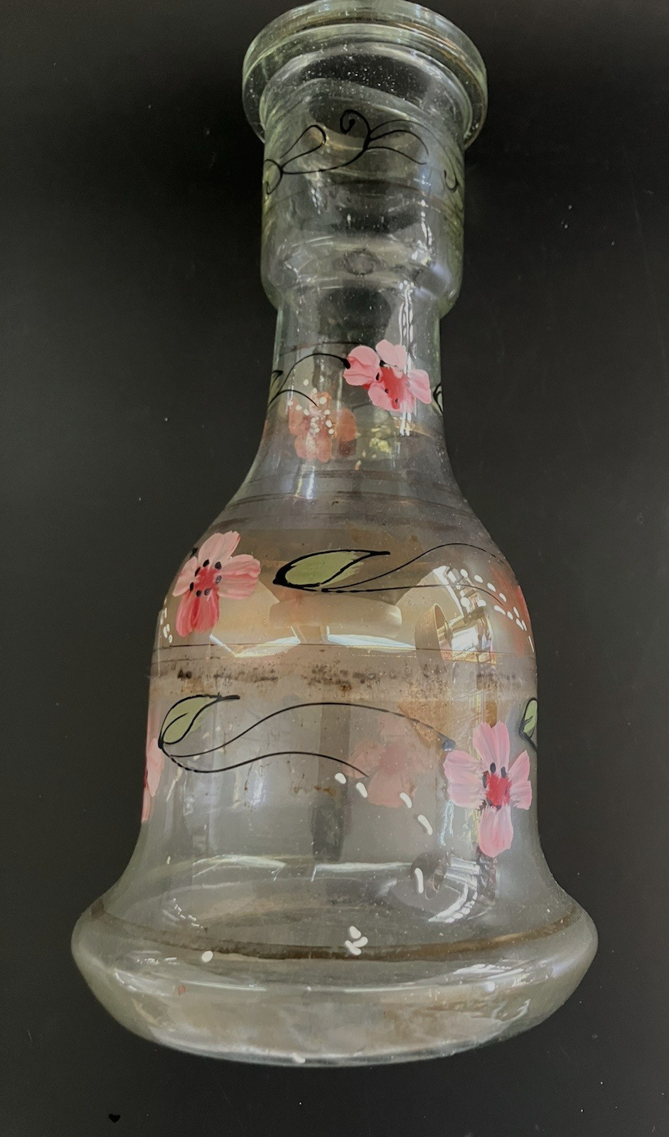 Vintage Bohemian Glass Hookah Vase Decanter Hand Painted Pink Flowers Black Gold