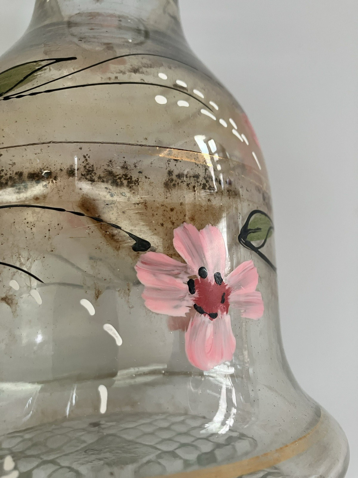 Vintage Bohemian Glass Hookah Vase Decanter Hand Painted Pink Flowers Black Gold