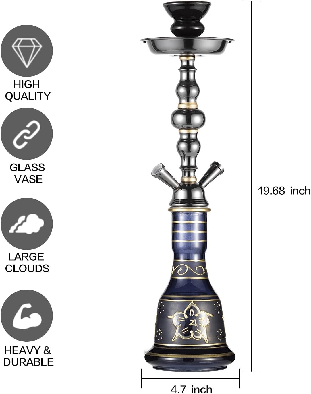 20&Prime; Hookah Set – 2 Hose Premium Shisha Hookah Kit with Glass Vase, Ceramic Bowl