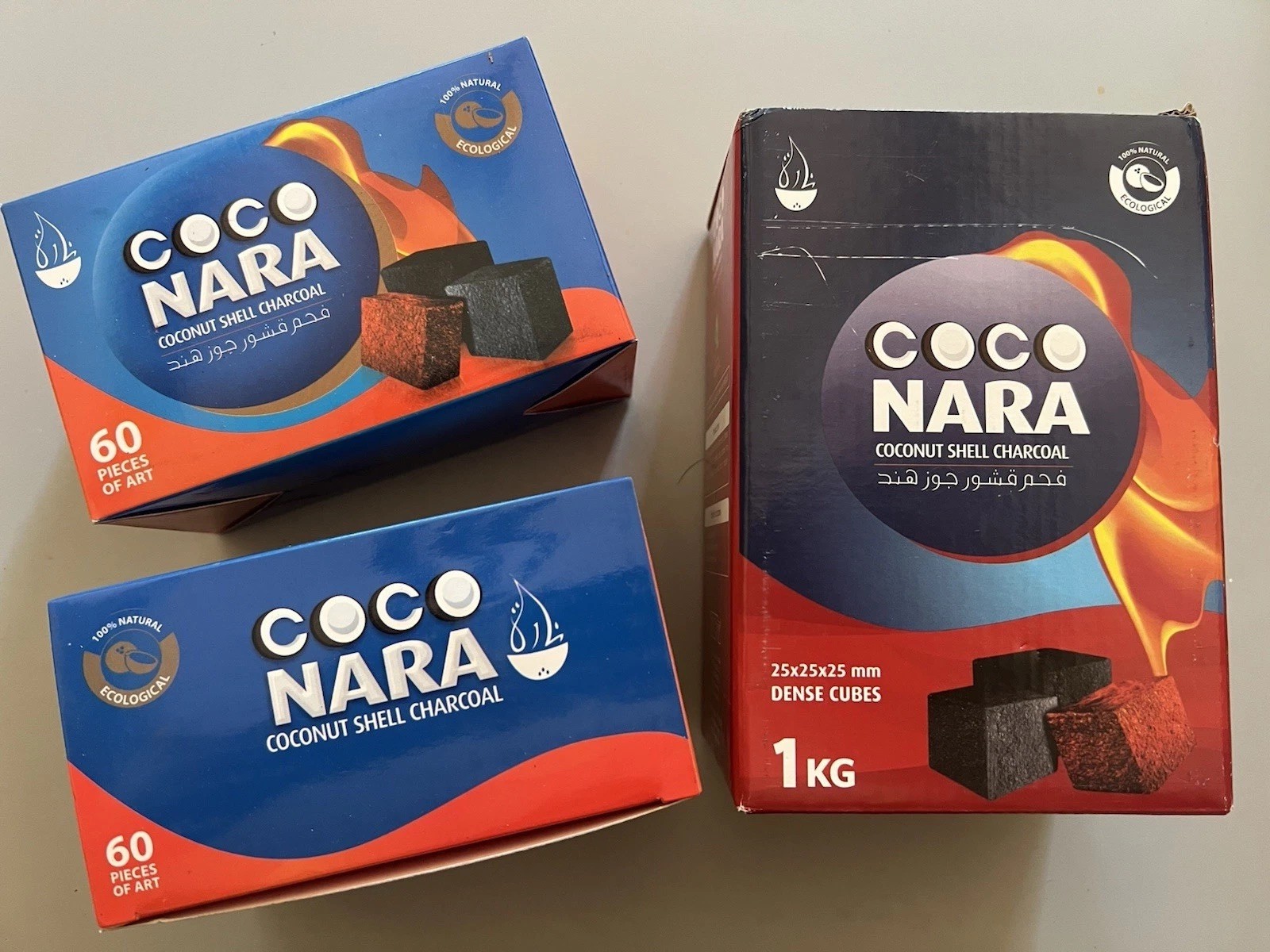 Lot of 3 Boxes Mixed Sizes Coconut Coco Nara Hookah Charcoal 1 Kg (72 Pcs) & 60