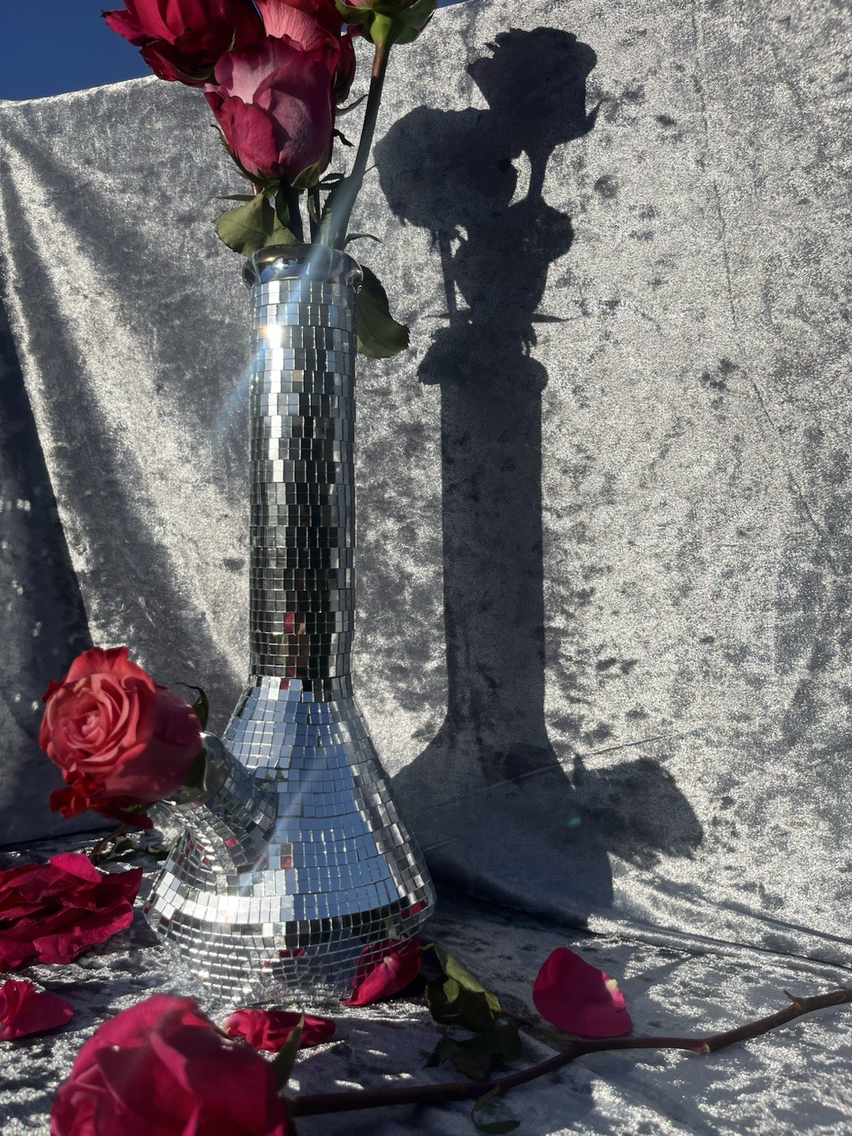 Disco Mirrored Glass Bottle Flower Vase Pipe, Freestanding Decorative Mosaic.
