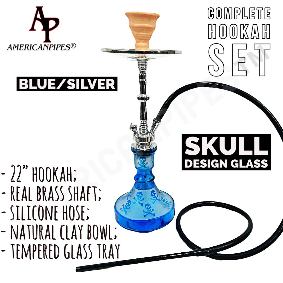INHALE®️22” HOOKAH SOLID BRASS SHAFT, SKULL DESIGN, SILICONE HOSE, GLASS TRAY
