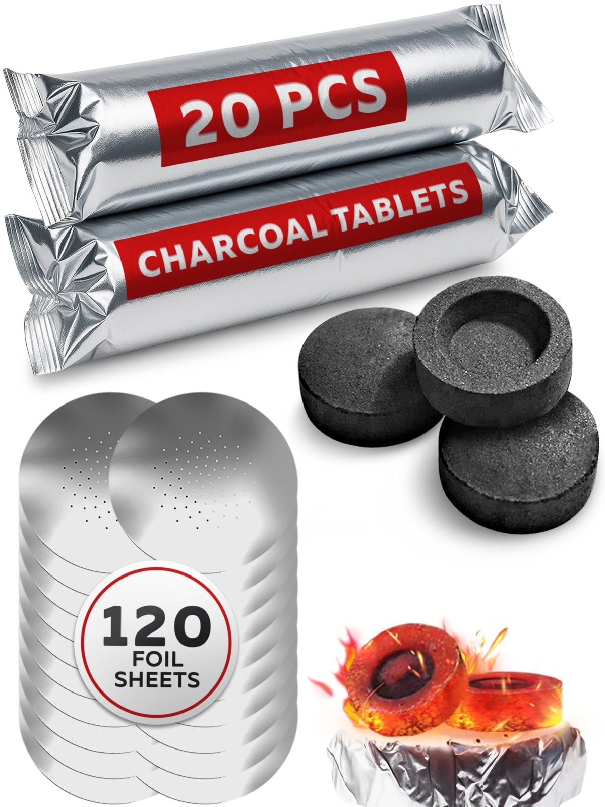 Hookah Bundle 33mm Quick Light Coals 20 pcs & 120 Pre-Punched Foil Sheets 6.3in