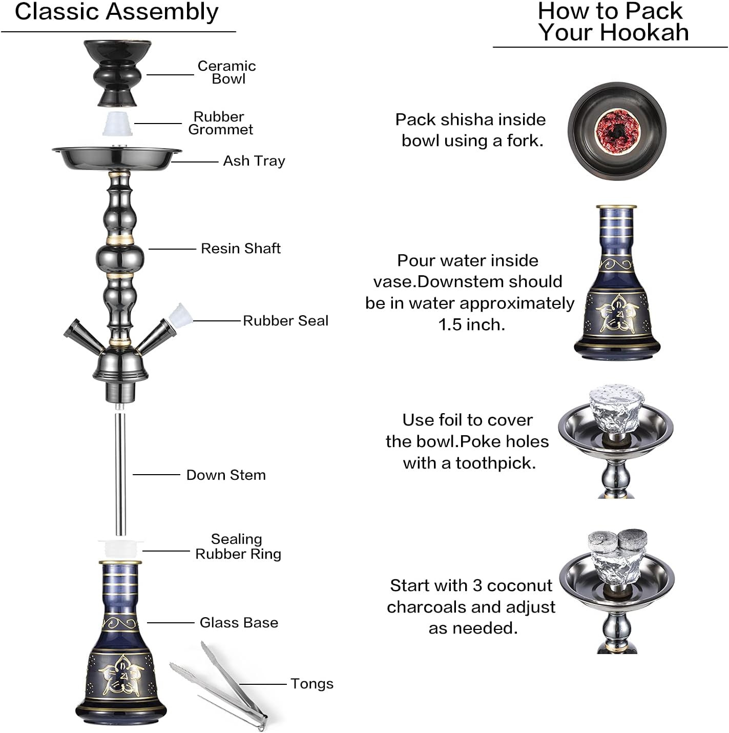 20&Prime; Hookah Set – 2 Hose Premium Shisha Hookah Kit with Glass Vase, Ceramic Bowl