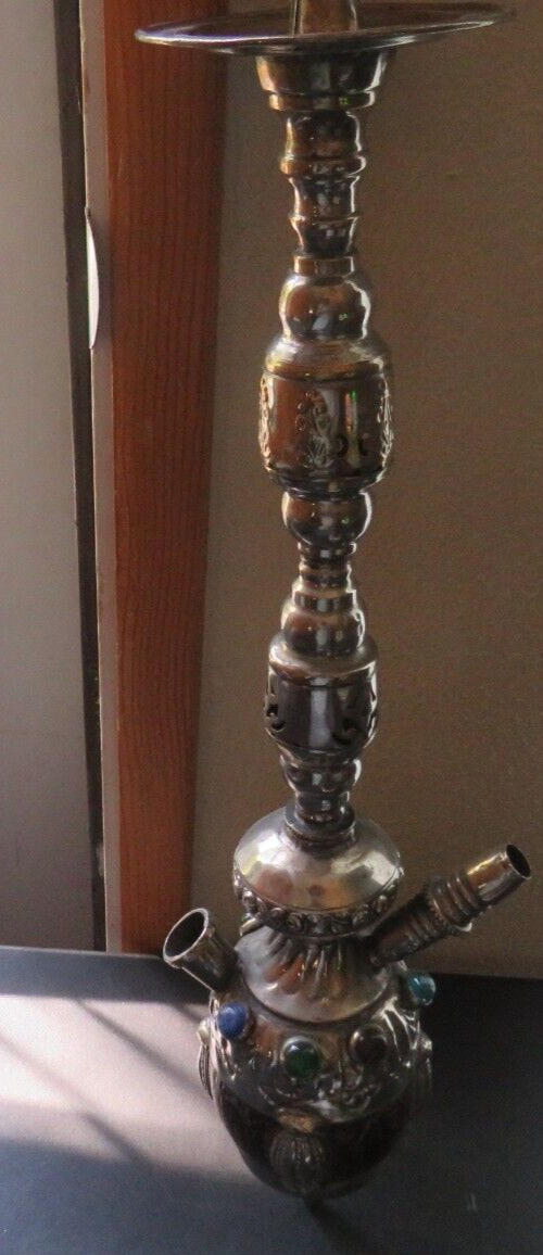VINTAGE MIXED METAL SILVER ORNATE HOOKAH PIPE ADORNED WITH 7 COLORED STONES