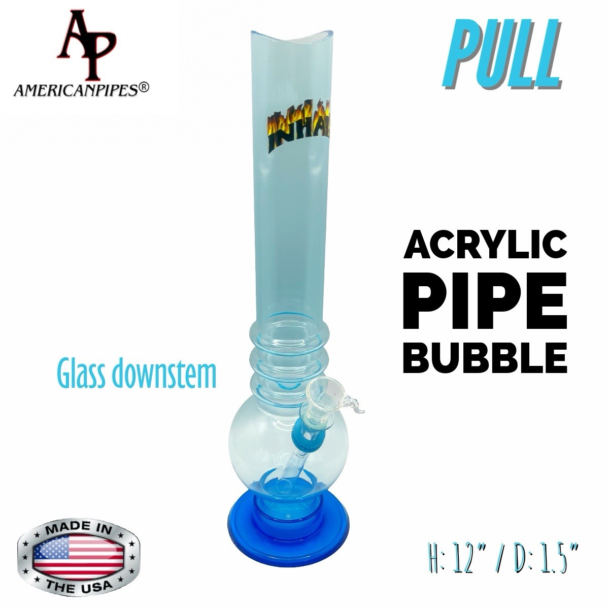 1.5×12&Prime; ACRYLIC WATER PIPE BUBBLE GLASS DOWNSTEM FLARED MOUTHPIECE MADE IN USA