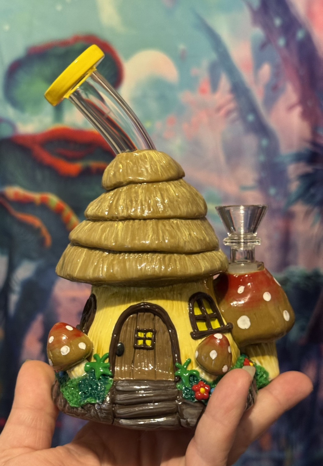 BONG Mushroom Cottage House Water Pipe – Fairy House Bong with Glass Bowl Cute