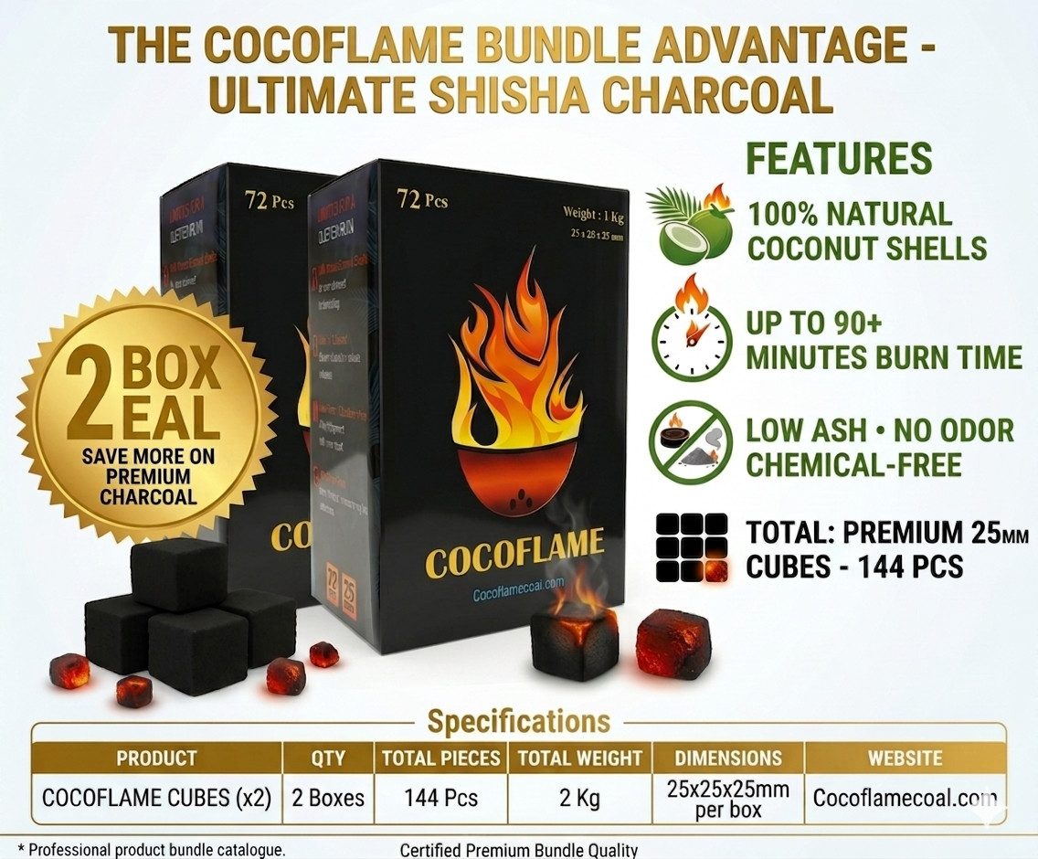 2 Box Coconut Shell Hookah Charcoal 144pc 4.4LB Cube 25mm Natural Shisha Coal Lo