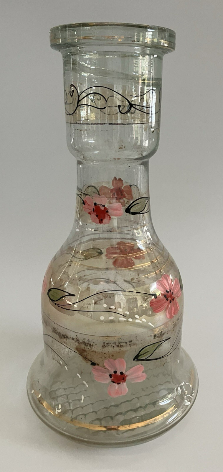 Vintage Bohemian Glass Hookah Vase Decanter Hand Painted Pink Flowers Black Gold