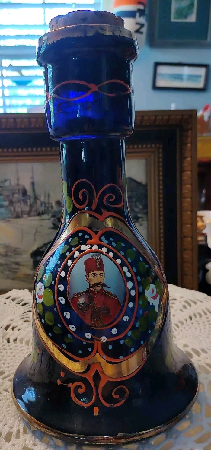 Antiq Hand Painted Persian Hookah Glass Bottle Cobalt Blue Gold Accents Floral