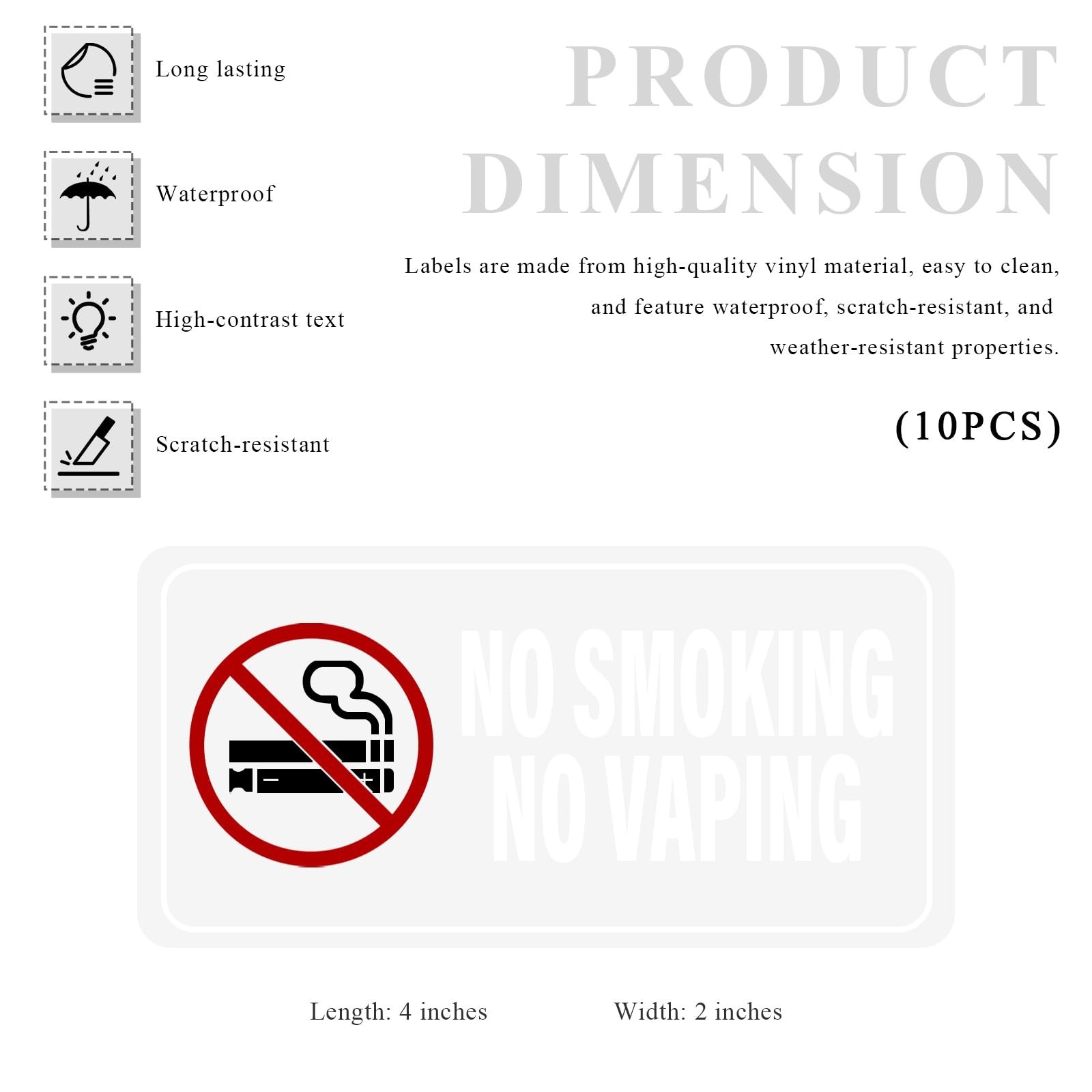 10 PCS No Smoking No Vaping Sticker, 4×2 Inches Waterproof Auto Cigarettes