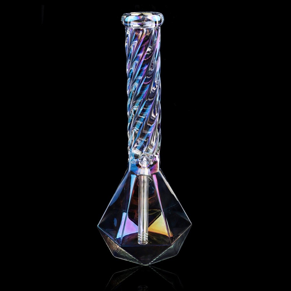 15&Prime; Iridescent Spiral Glass Water Pipe Diamond Base Hookah Bubbler 14mm Bowl