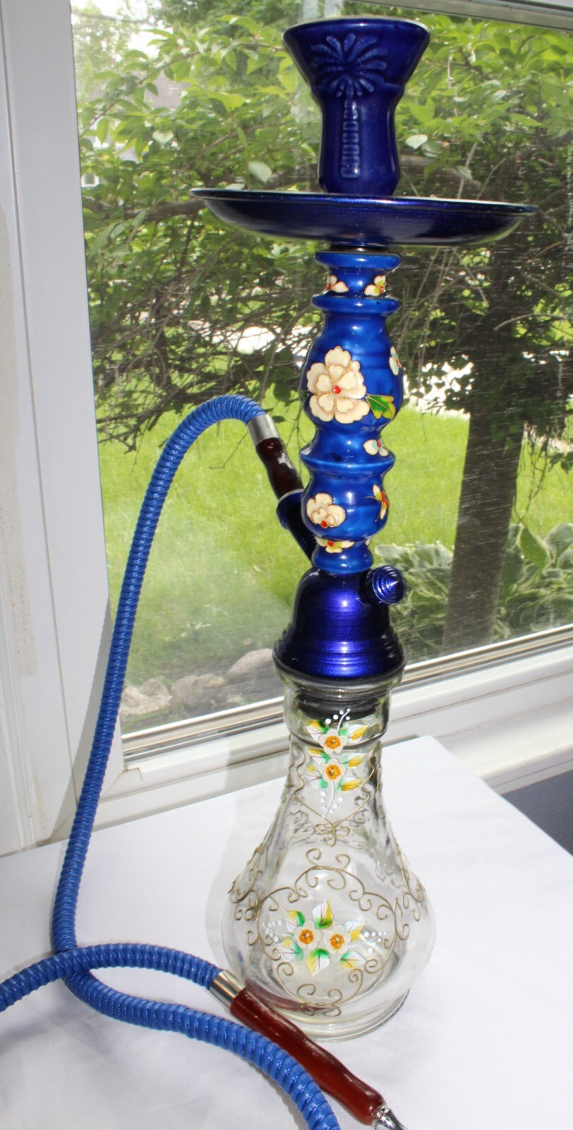Vintage Hand Painted Enamel Clear Glass & Cobalt Blue Cloisonné Hookah