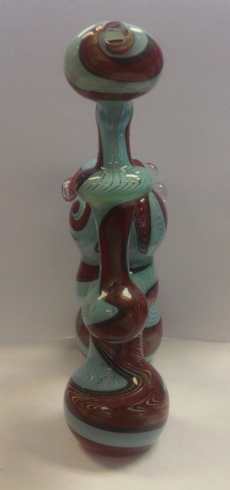 6&Prime; CRUSH GLASS DOUBLE BUBBLER WATERPIPE HANDPIPE – WAVY LINE RED, LT BLUE & GRAY