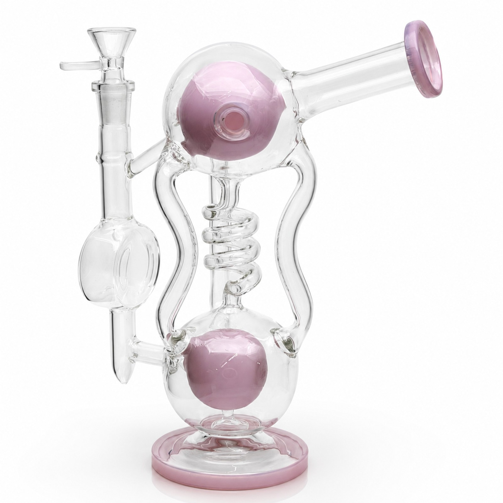 10.5&Prime; Pink Twin Orb Coil Recycler Bong Glass Water Pipe Smoking Hookah 14mm Bowl