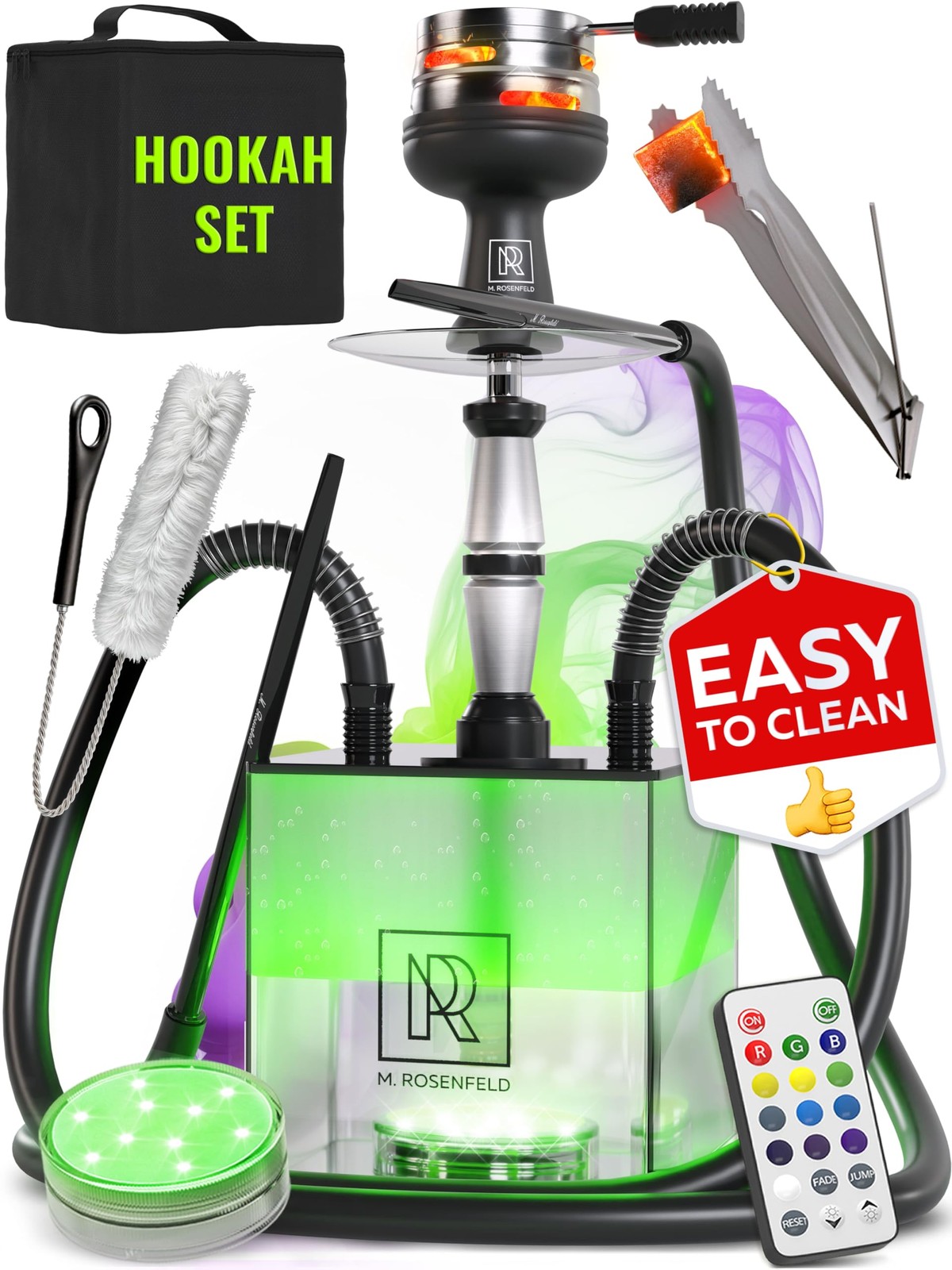 Square Hookah Set Portable Acrylic LED 12 Color Bag HMD 1 Hose Black