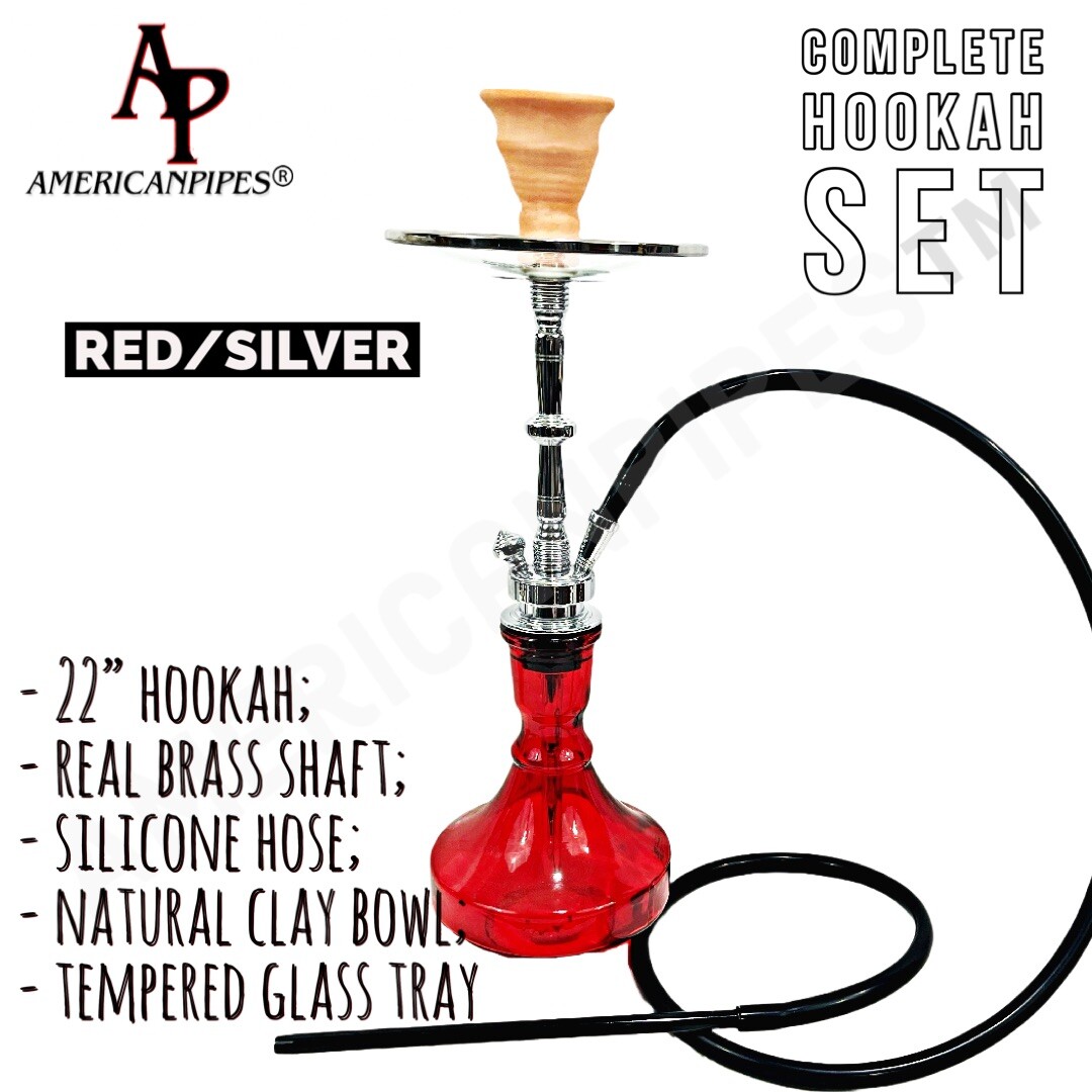 INHALE®️22” HOOKAH SOLID BRASS SHAFT, PLAIN RED GLASS, SILICONE HOSE, GLASS TRAY