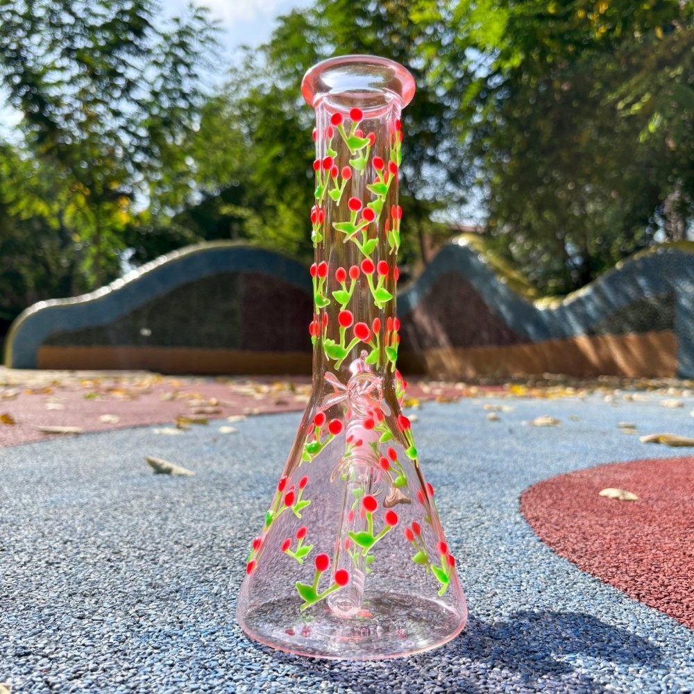 10 » Hand-Painted Glowing Cherry Glass Bong Beaker Bubbler Hookah Water Pipe