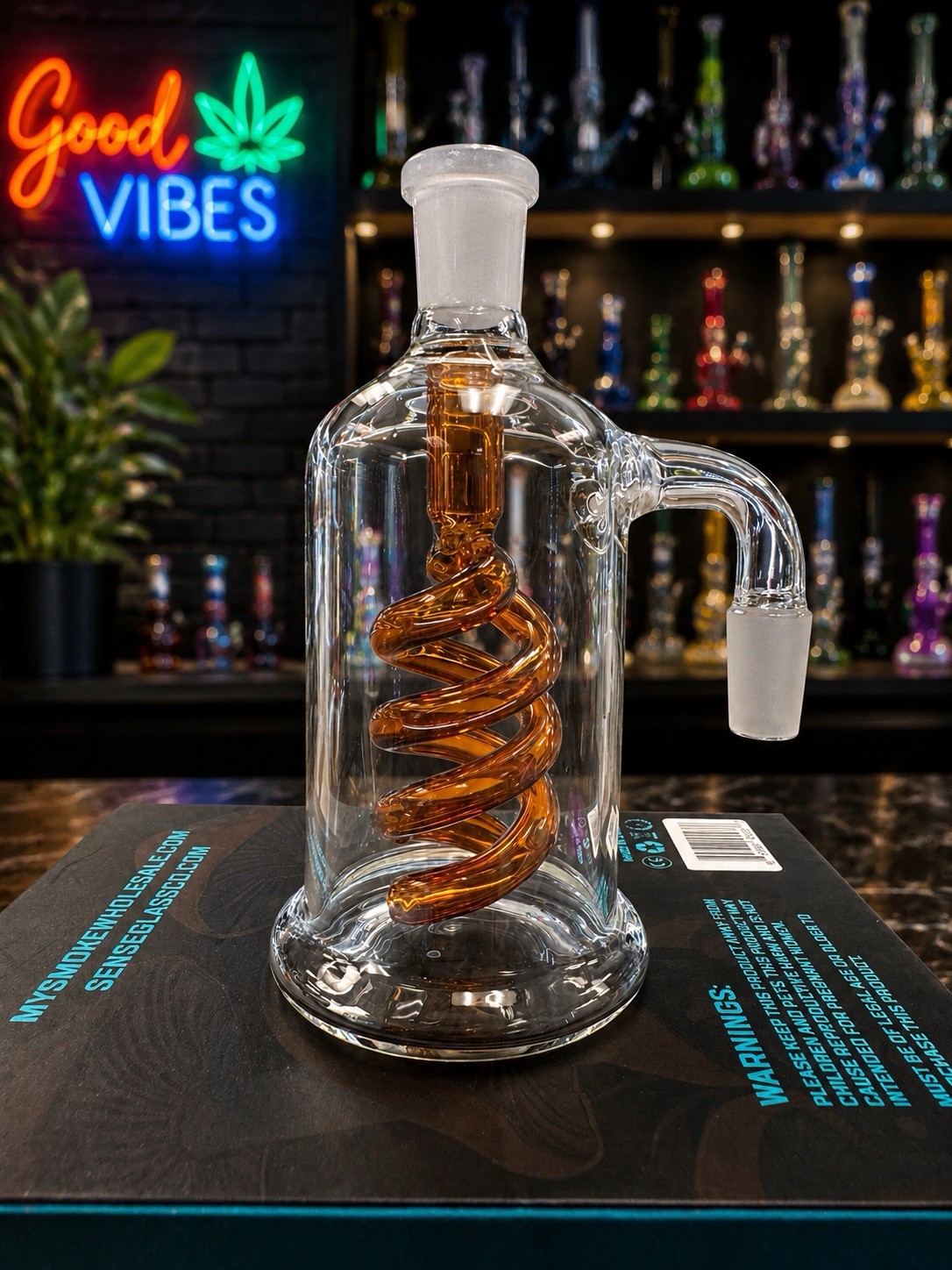 Premium Glass Ash Catcher-Amber Spiral Recycler 14mm Joint 90° For Tobacco 18+