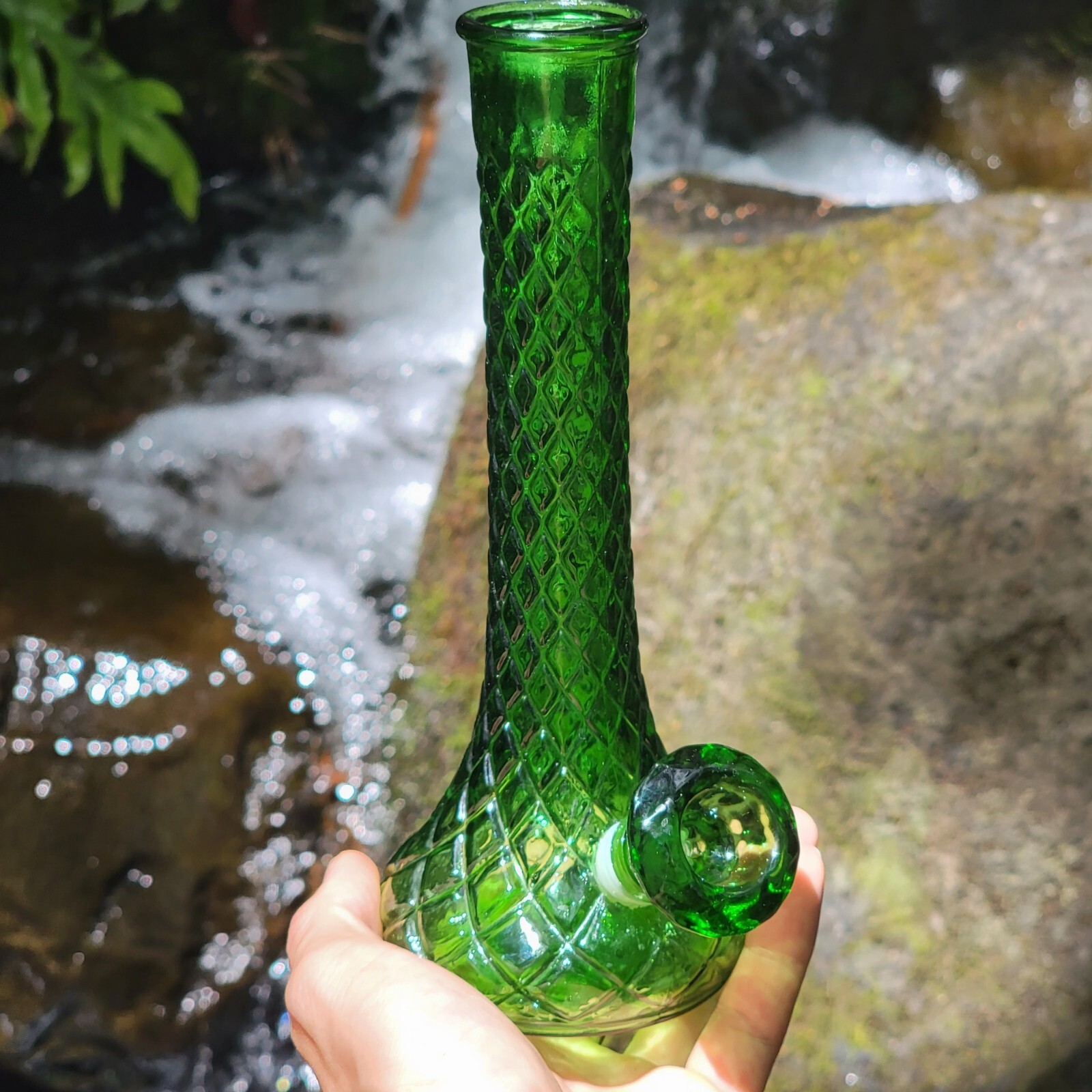 Vintage Upcycled Vase Bong Emerald Glass With Green Downstem And Diamond Bowl