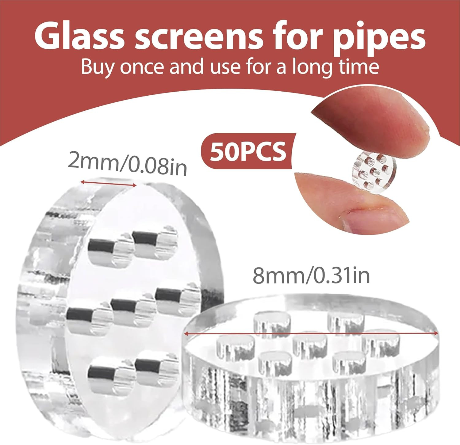 50-Pack 8Mm High Borosilicate Glass Screens with 7 Honeycomb Holes Reusable and