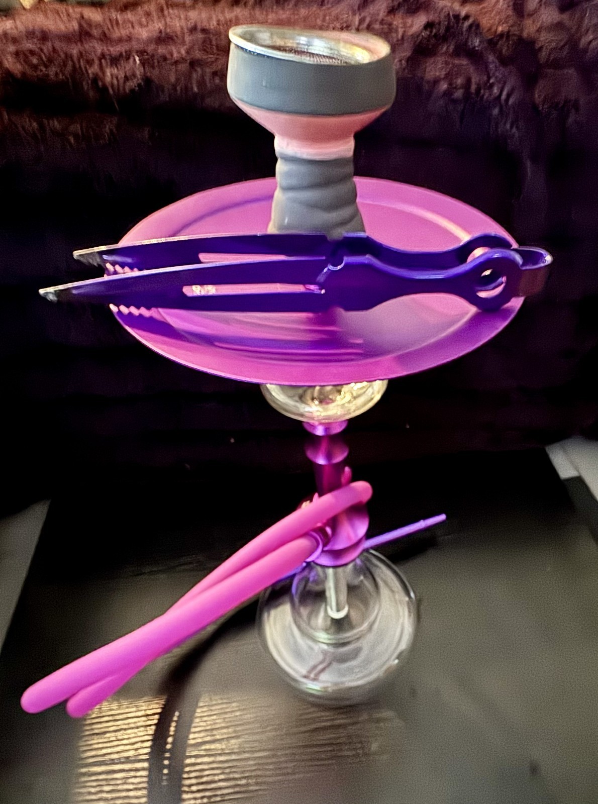 Glass And Purple Hookah With Glass Molasses Catcher And Silicone Hose