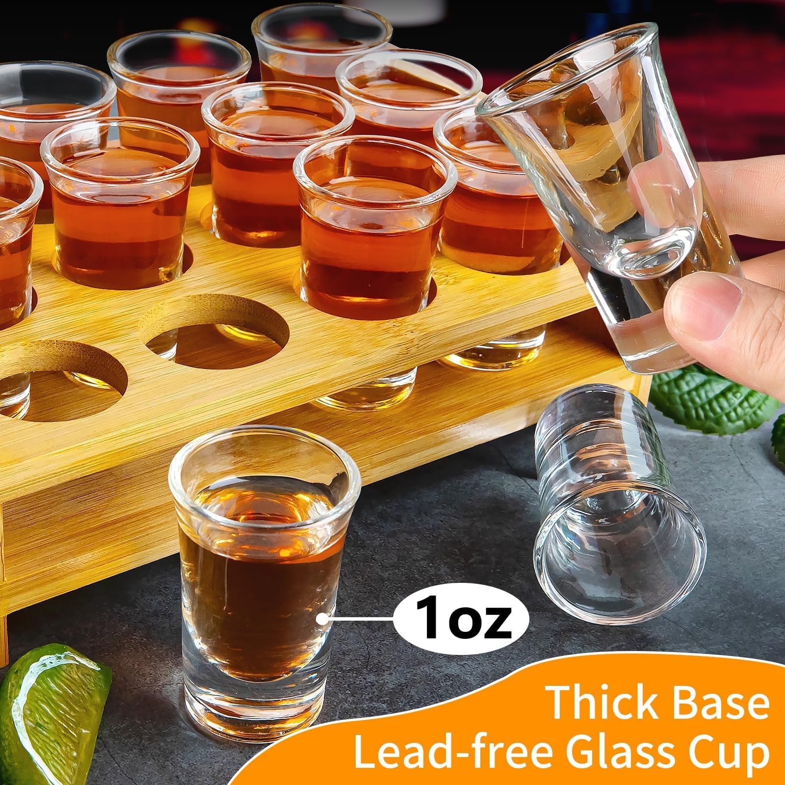 Shot Glasses Set of 12 Tray Serving Holder 1oz/30ml Bulk Glass Cups Thick Bas…