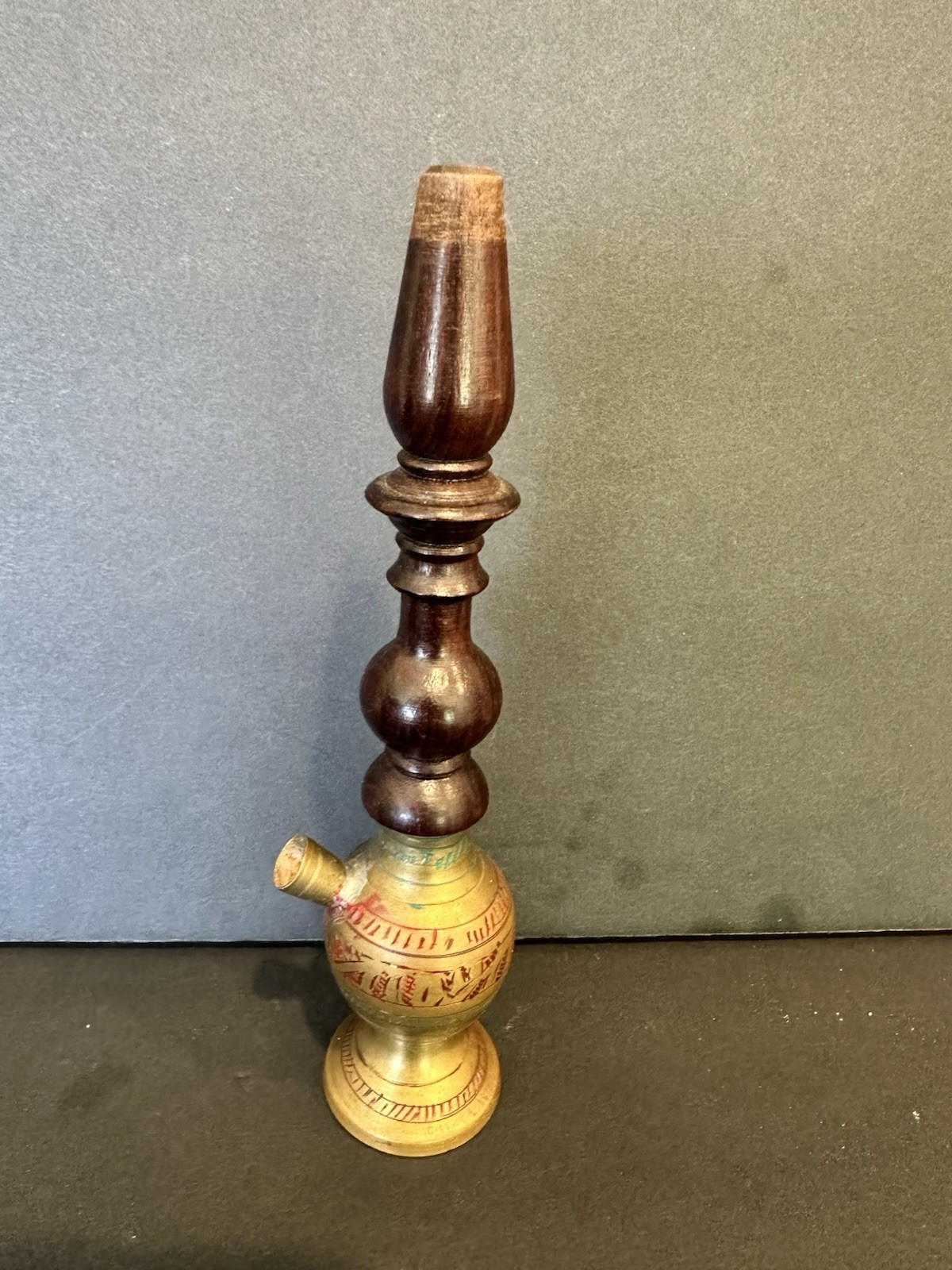 Brass And Wood Hookah Pipe Vintage 7.5”