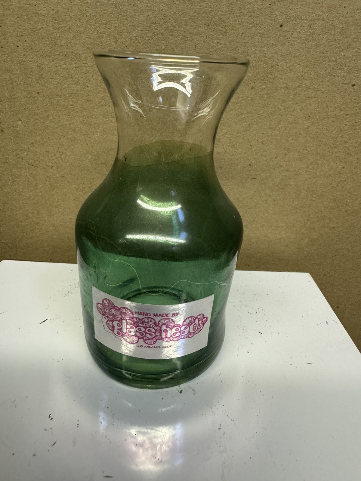 Very Collectable Miniature Glass Head Unused Vase Green With Sticker
