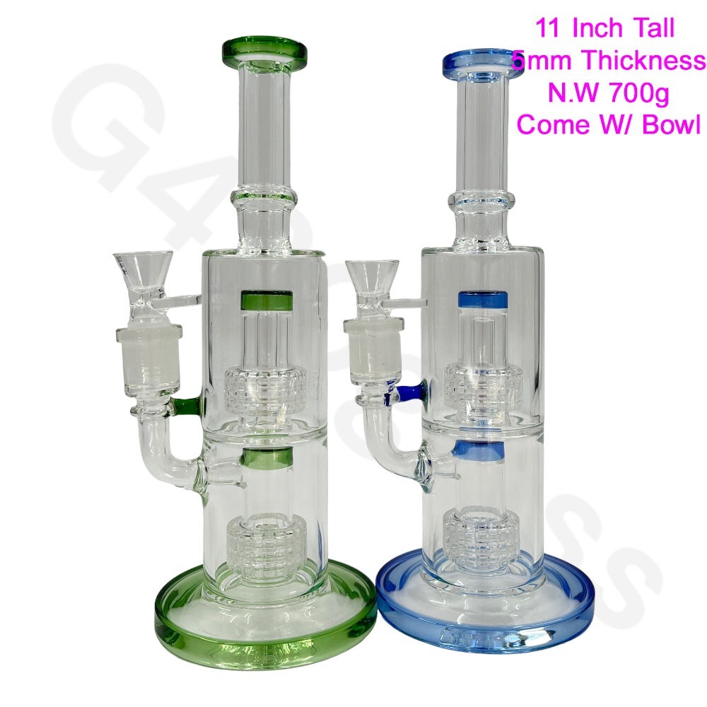 11&Prime; Glass Water Pipe Bong 5mm Thick Double Perc w/ Bowl – Blue or Green Color