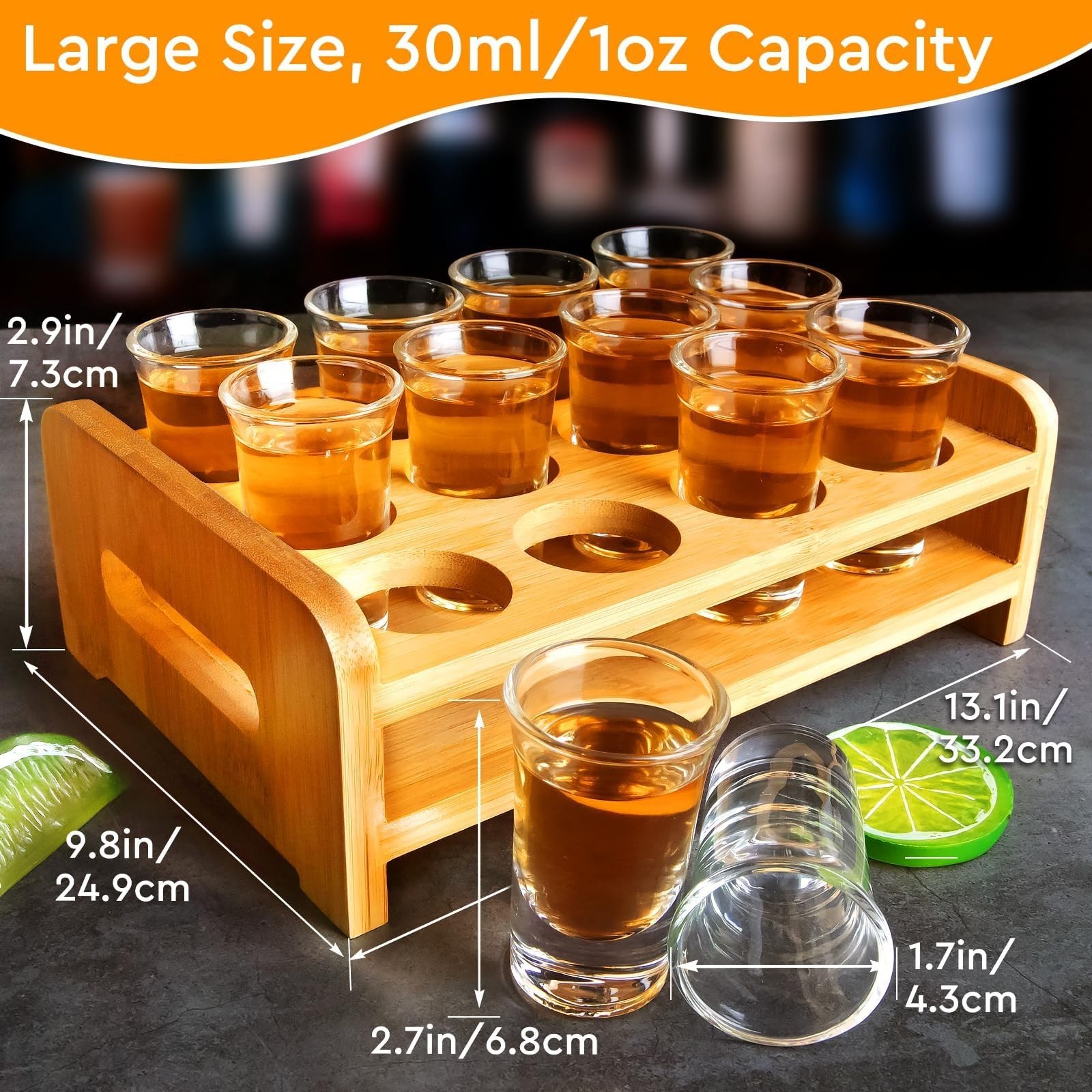 Shot Glasses Set of 12 Tray Serving Holder 1oz/30ml Bulk Glass Cups Thick Bas…