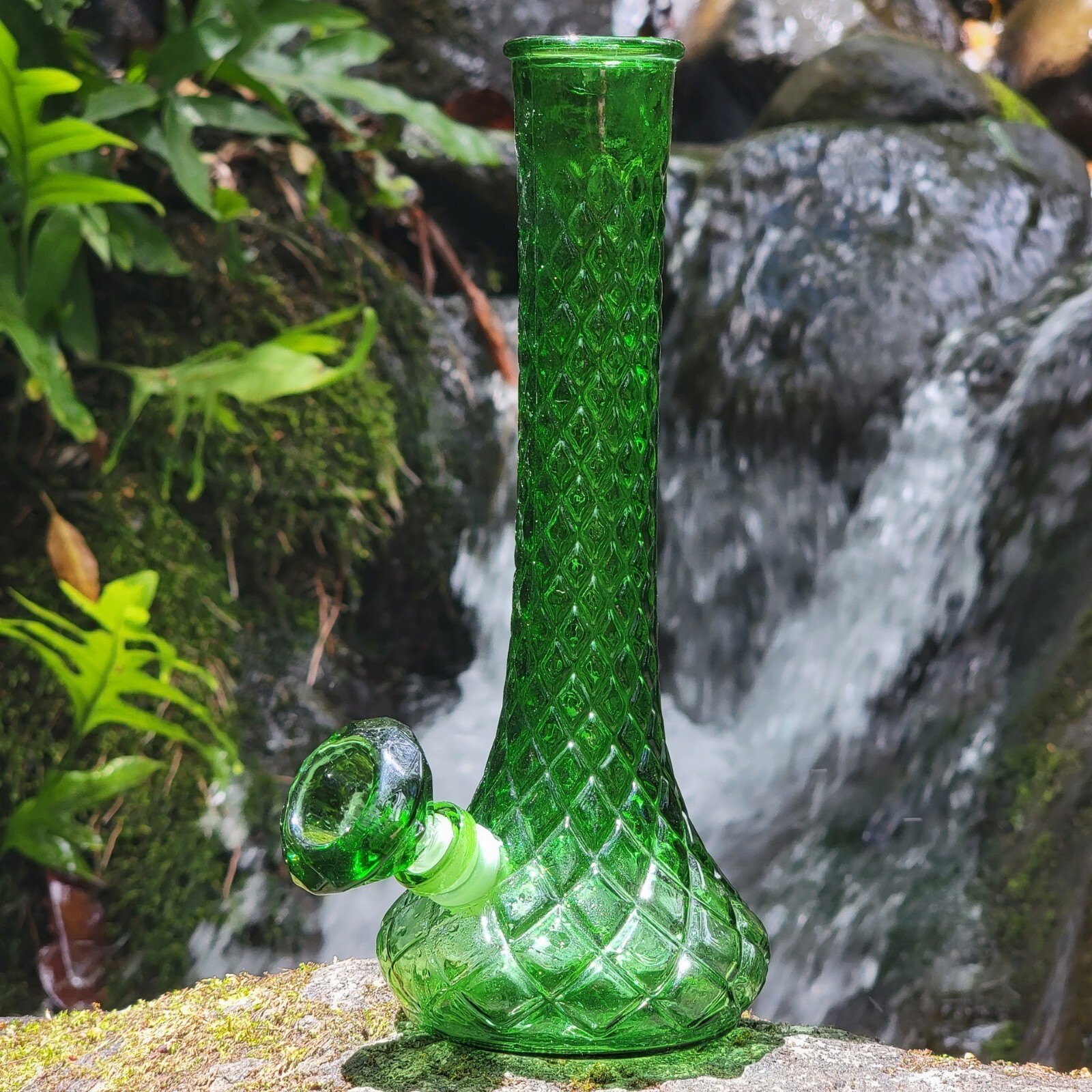 Vintage Upcycled Vase Bong Emerald Glass With Green Downstem And Diamond Bowl