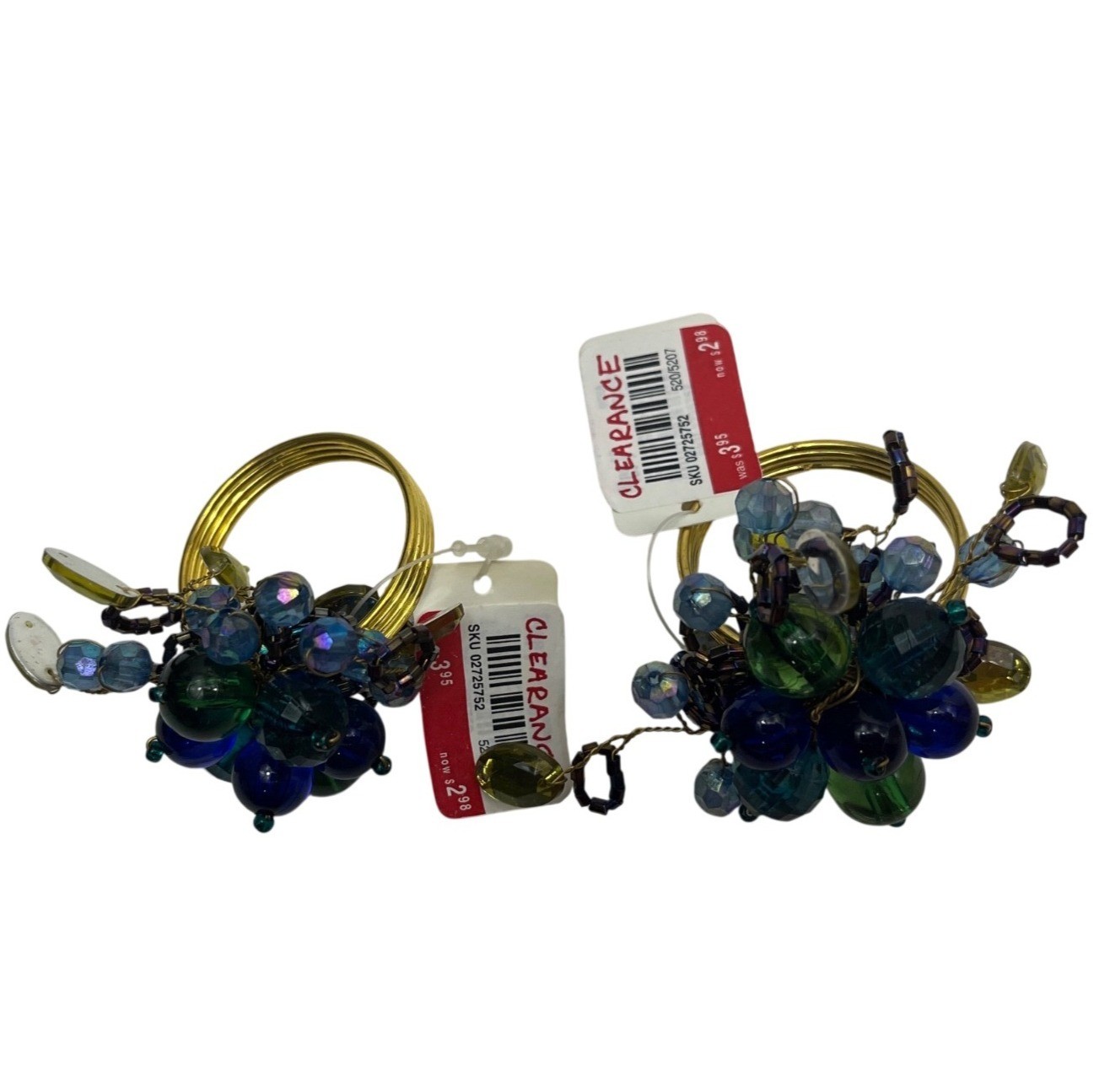 Beaded Napkin Ring Set Of 2 With Gold Bands & Blue-Green Glass Cluster Design