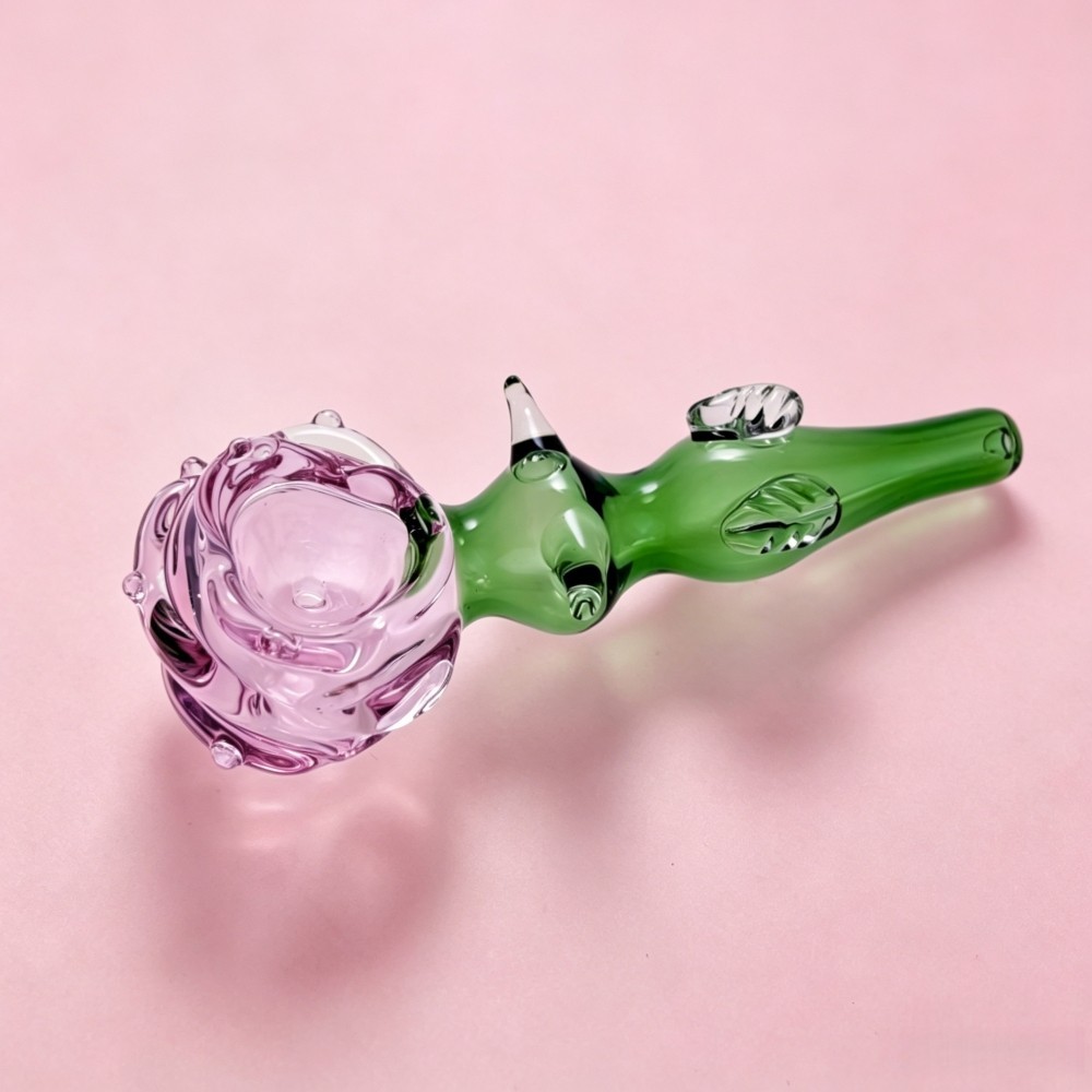 4 » Pink Roses Glass Hand Pipe Green Leaf Design Unique Tobacco Pipe Handmade